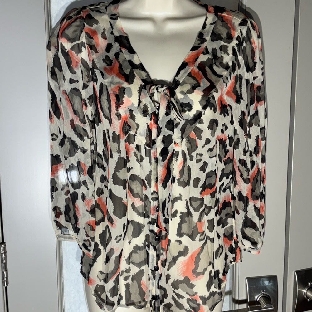 Leopard Print Sheer Silk Blouse - Black, White, Orange